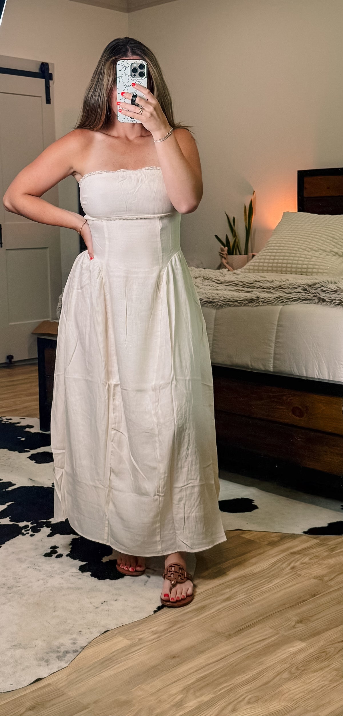 Strapless Lace Trim Midi Dress