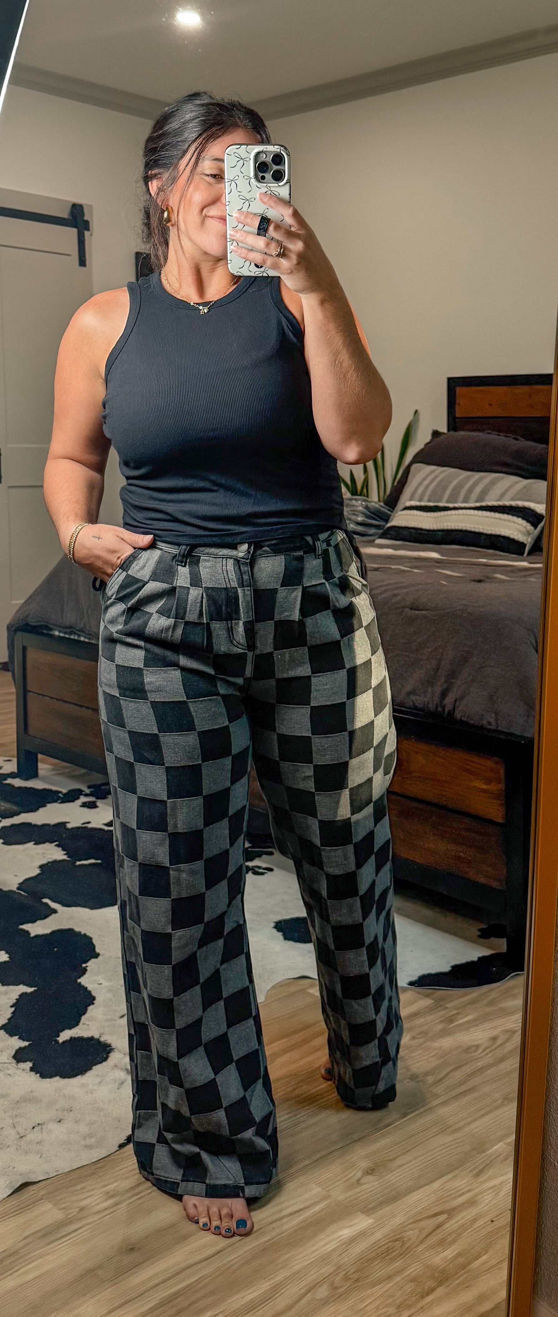Checkered Denim Wide Leg Jeans