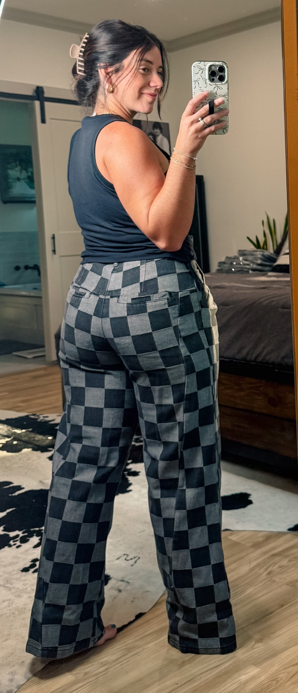 Checkered Denim Wide Leg Jeans