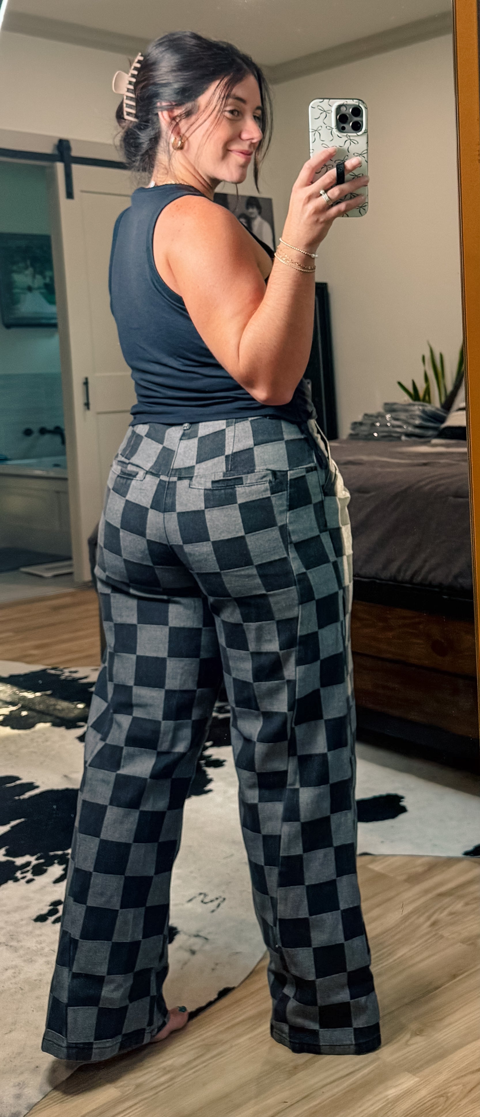 Checkered Denim Wide Leg Jeans